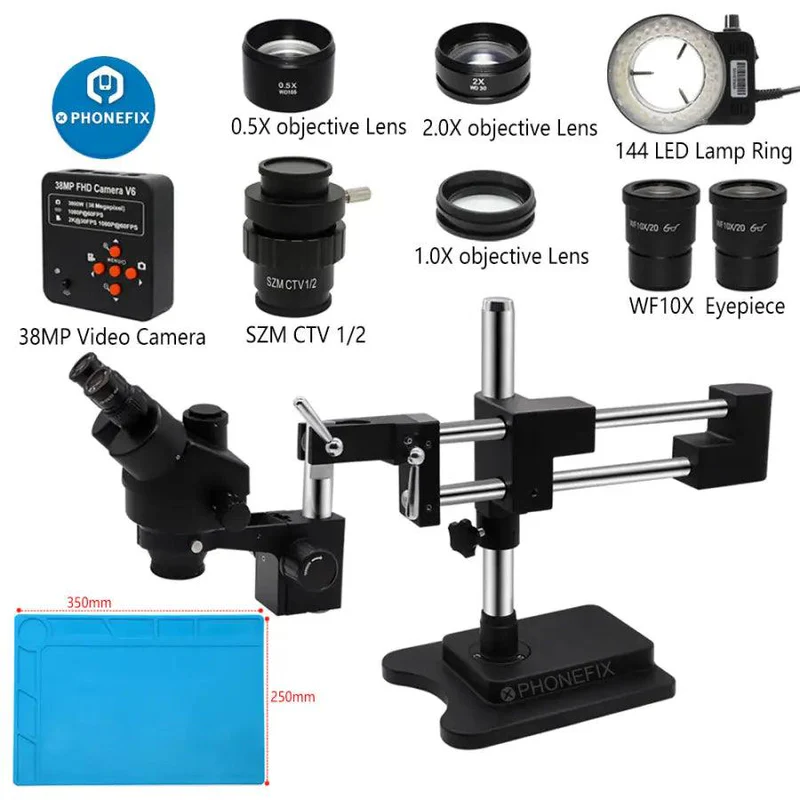Stereo Trinocular Microscope Pcb - 3.5X-90X Black Double Arm Stereo Microscope